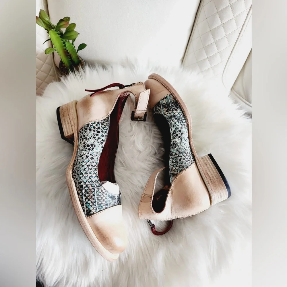 freebird Beige and Teal Snake-Print Cutout Booties - Picture 1 of 5